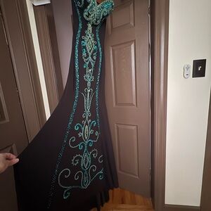 JVN by Jovani Black and Green Embellished Prom Gown